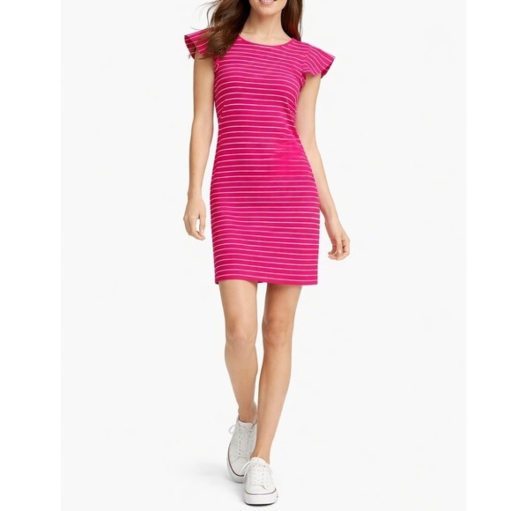 White House Black Market Striped Shift Dress XS Red Flutter Sleeve Short Casual